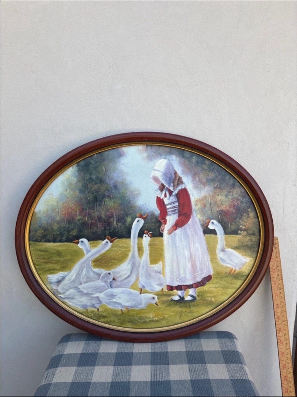Vintage-Style Oval Wall Art - Girl Feeding Geese in White and Red
